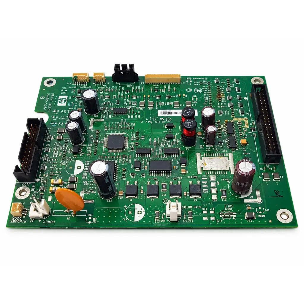 Green hp q5669-20262 print mech pca board with black and red capacitors and silver chips for hp designjet plotters