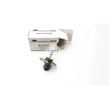 Clear glass slit lamp bulb with metallic base and filament in white box labeled hs haag-street for hs international microscope 0900.0930 slit lamp ad4-171