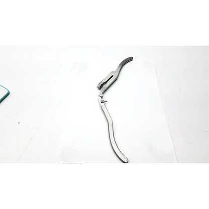 Hu-Friedy RDP 888 0213 silver-toned metal rubber dam punch with curved ergonomic handle for biomedical service use