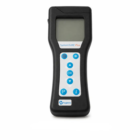 Black handheld hygiena systemsure plus luminometer with gray screen and blue buttons for plus atp monitoring repair service
