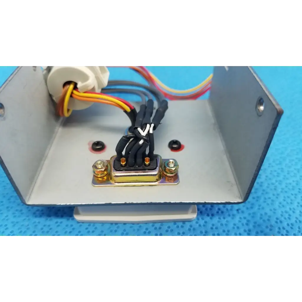 Silver metal electrical enclosure back side of i/o data port interface panel with db9 and mini-din connectors for topcon retinal camera