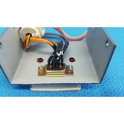 Silver metal electrical enclosure back side of i/o data port interface panel with db9 and mini-din connectors for topcon retinal camera
