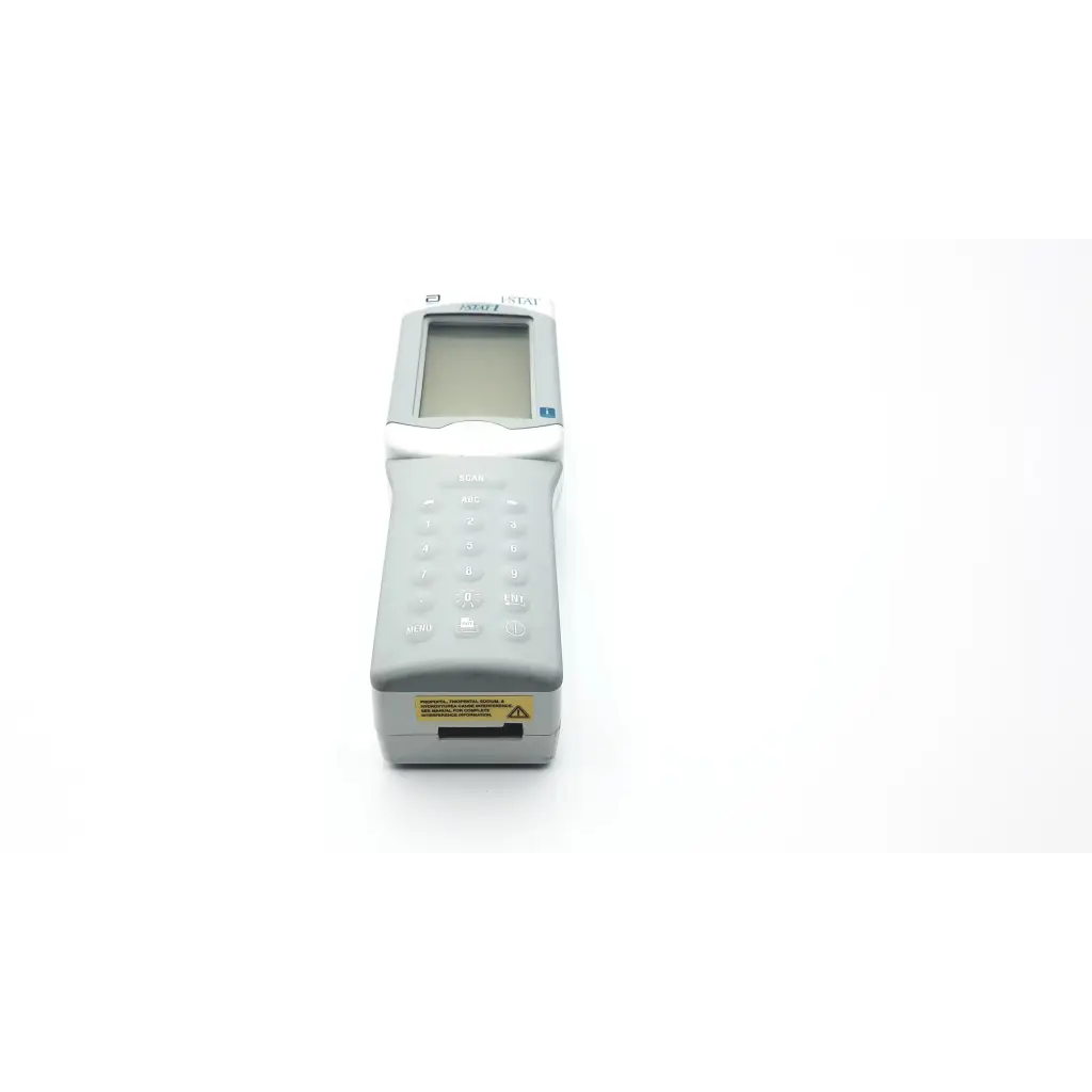 Gray handheld barcode scanner with small screen and numeric keypad for i-stat 1 analyzer blood hematology portable use