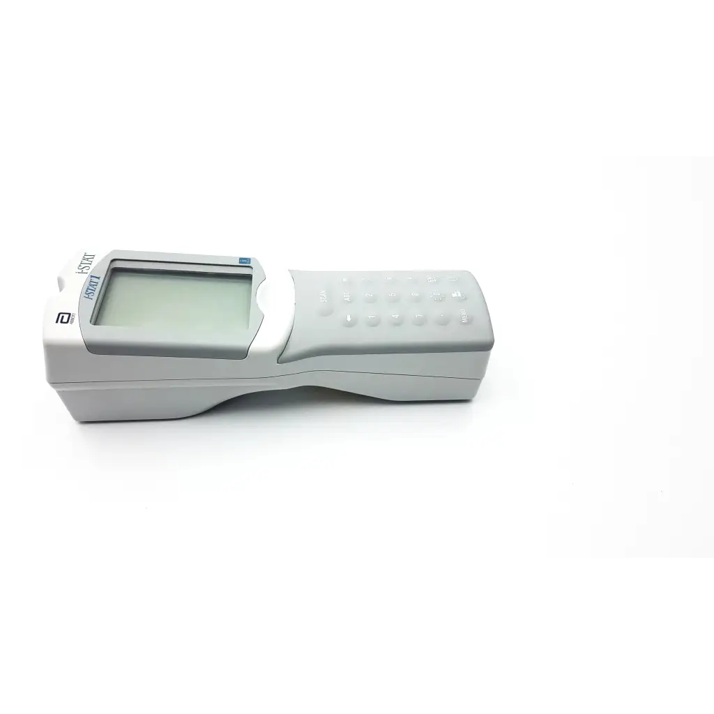 Gray i-Stat 1 analyzer blood hematology portable device with rectangular screen and tactile button keypad