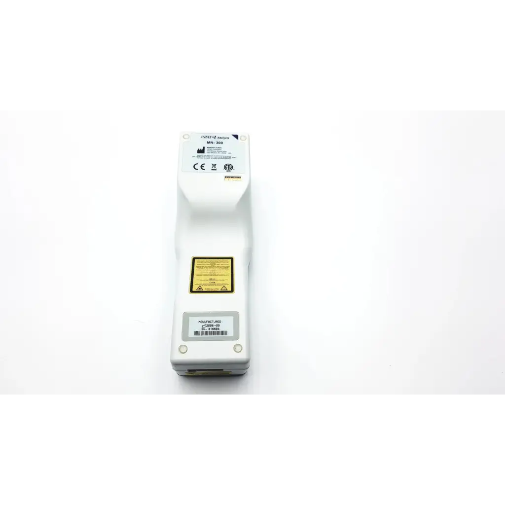 Back side of white plastic i-stat 1 analyzer blood hematology portable 300 device with labels and certification marks