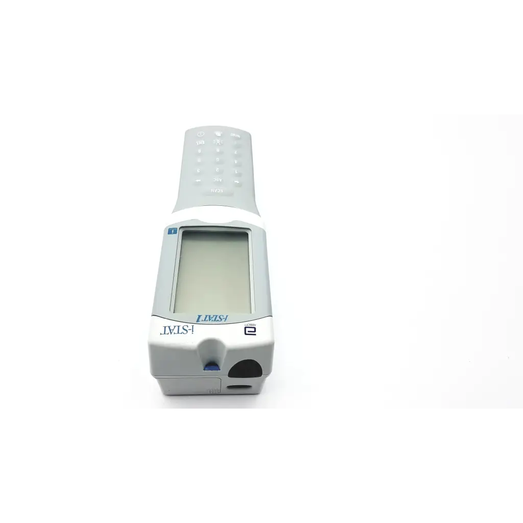 Gray plastic handheld i-stat 1 analyzer blood hematology portable device with rectangular screen and keypad for blood testing