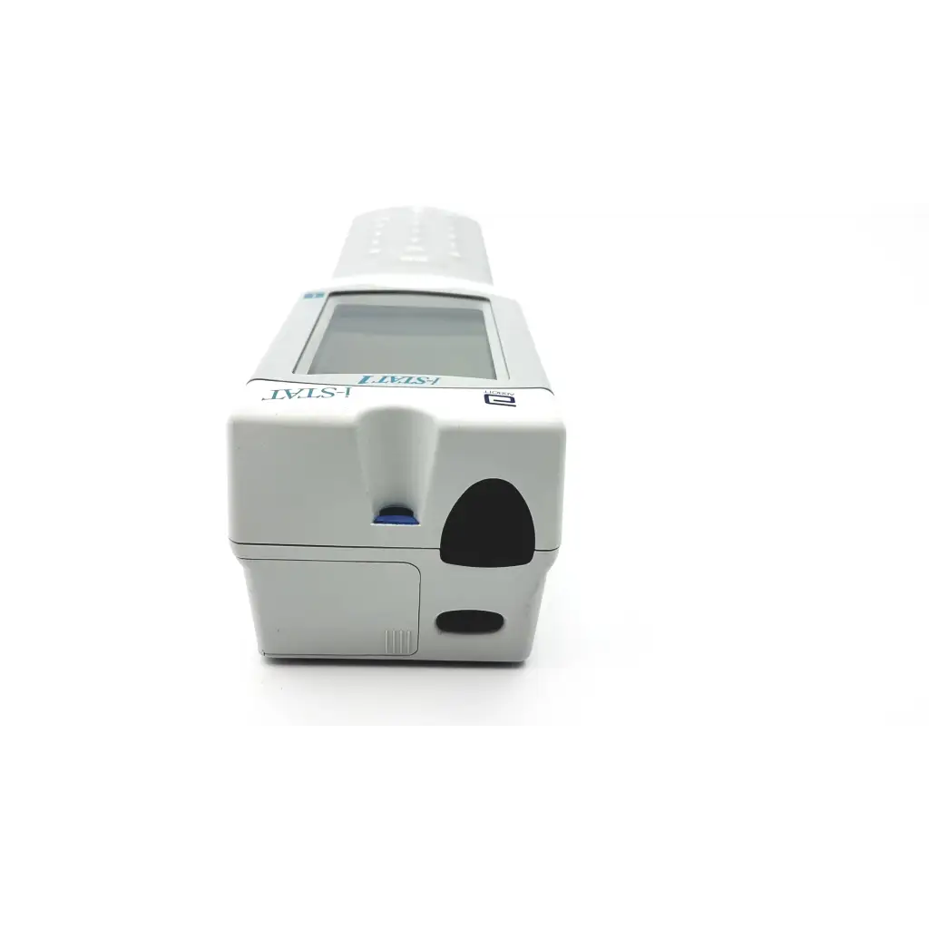 White plastic i-stat 1 analyzer blood hematology device with rectangular screen and black accents portable use