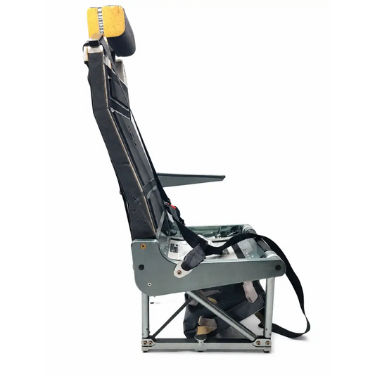 Iai Pilatus PC-12 right-side cabin seat assembly with black and yellow upholstery metal frame and adjustable headrest