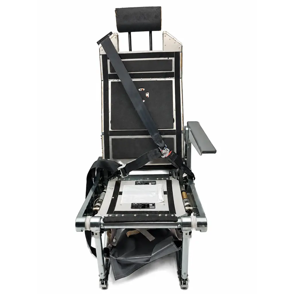 Iai pilatus pc-12 right-side cabin seat assembly black and silver padded flight seat with reinforced metal frame and safety harness