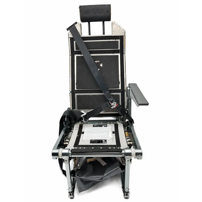 Iai pilatus pc-12 right-side cabin seat assembly black and silver padded flight seat with reinforced metal frame and safety harness