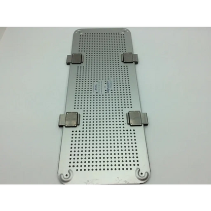 Silver perforated metal surgical plate with four clamps and curved end caps for imp innovative 706-s small sterilization case