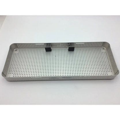 Rectangular stainless steel small sterilization case with perforated surface and black plastic handles by IMP Innovative