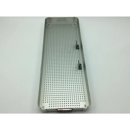 Silver stainless steel small sterilization case tray with perforated surface and reinforced edges by imp innovative