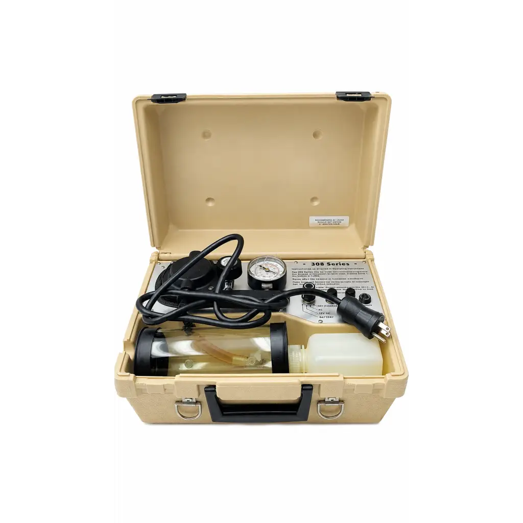 Beige hard-shell case with biomed certified impact 308 series portable suction unit including black hoses and gauges