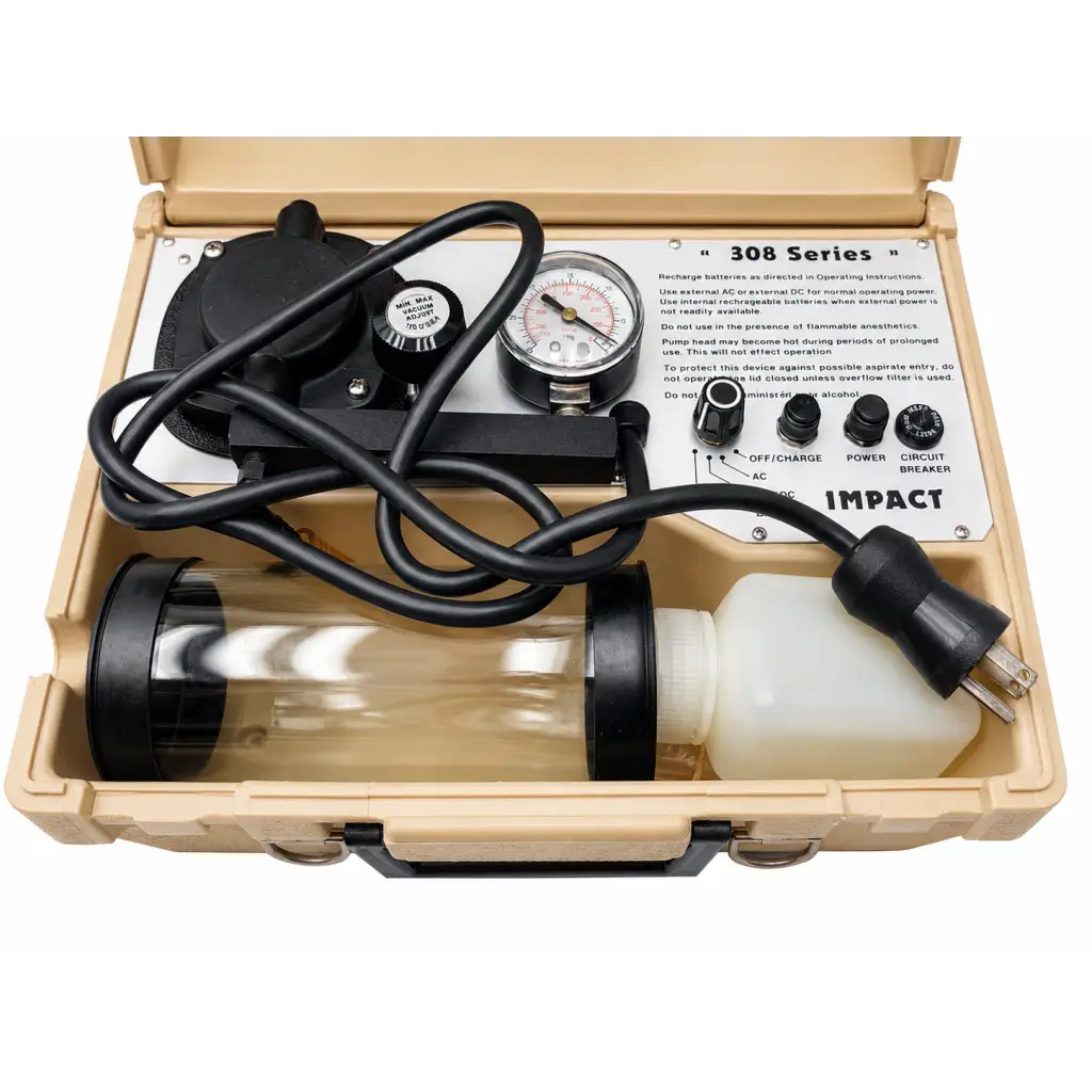Beige hard-shell case containing biomed certified impact 308 series portable suction unit with black hoses and gauges