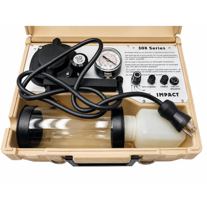 Beige hard-shell case containing biomed certified impact 308 series portable suction unit with black hoses and gauges