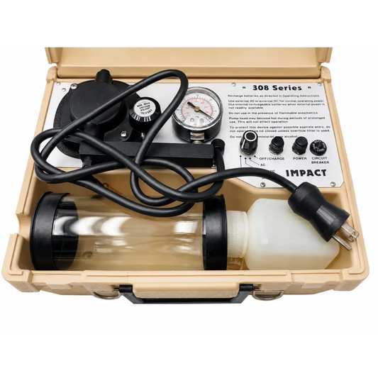 Beige hard-shell case containing impact 308 series portable suction unit with black hoses and gauges