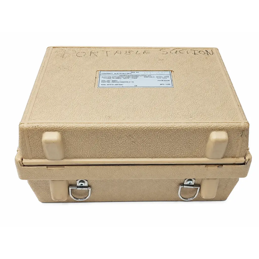 Beige textured hard-shell biomed certified case with metal latches labeled portable section for impact 308 series portable suction unit