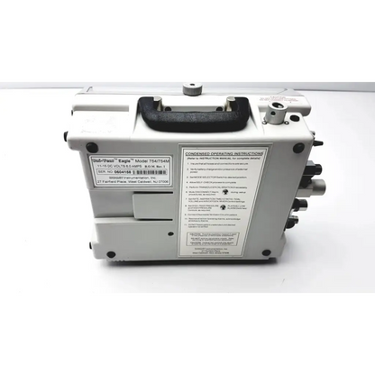 White plastic eagle model 754m power supply unit with black rubberized handle and metallic knobs for impact instrumentation portable ventilator