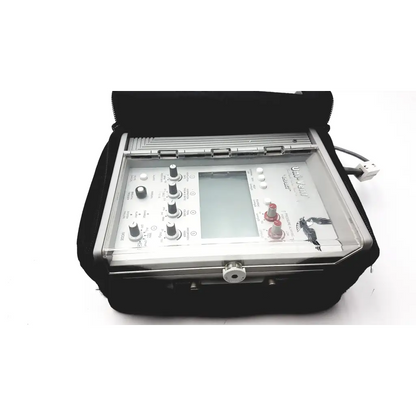 Silver impact instrumentation portable ventilator with digital display and knobs in a black protective case