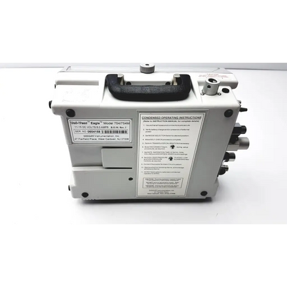 White plastic eagle model 754 power supply unit with black rubber handle and metallic ports for impact instrumentation portable ventilator