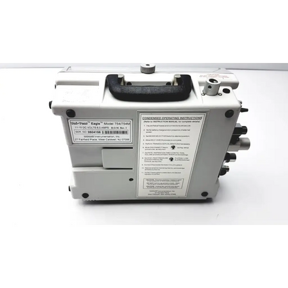 White plastic eagle model 754 power supply with black rubber handle and metal ports for impact instrumentation portable ventilator