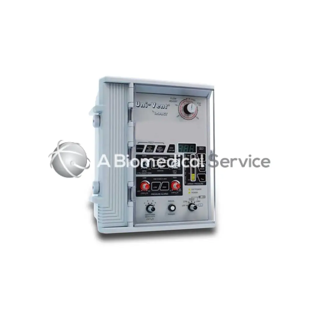 Gray plastic impact univent 750 portable ventilator with digital display and control knobs for biomedical service