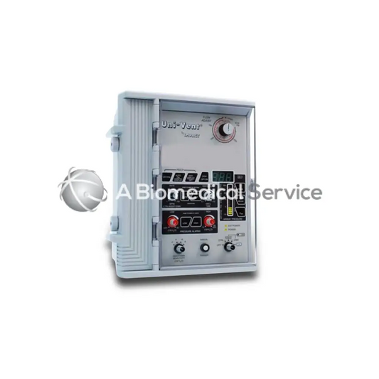 Gray plastic impact univent 750 portable ventilator with digital display and control knobs for biomedical service