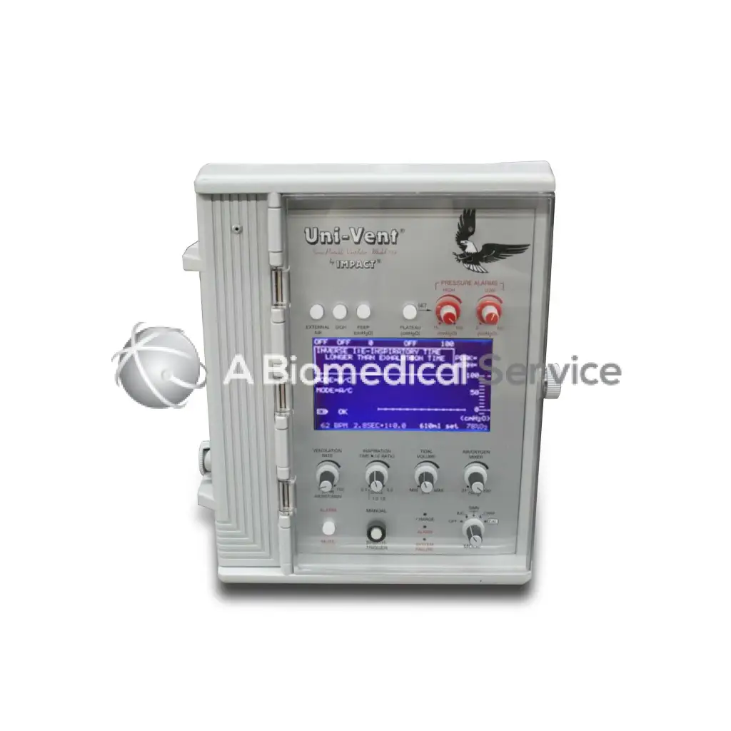 Gray impact univent 754 portable ventilator with blue digital display and red control knobs for biomedical service use