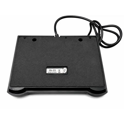Black plastic biomed certified in-25 footswitch control pedal with coiled power cable and stand for medical use