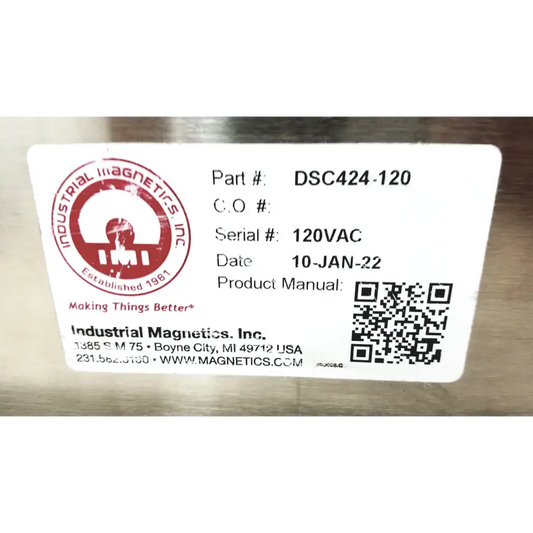 White label with red circular logo and black text on metallic surface of industrial magnetics imi dsc424-120 demagnetizer