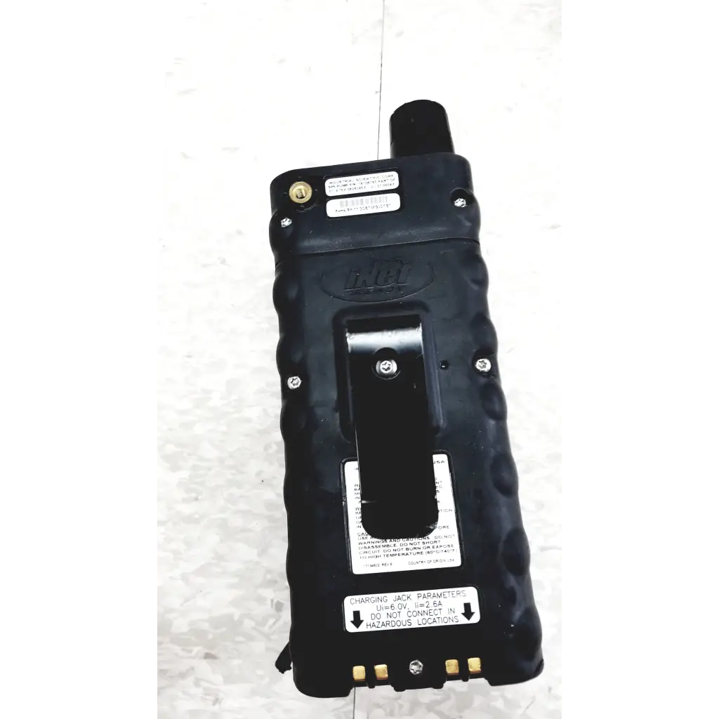 Black rugged industrial scientific ibrid mx6 multi gas monitor with textured grip and small antenna on top with charger
