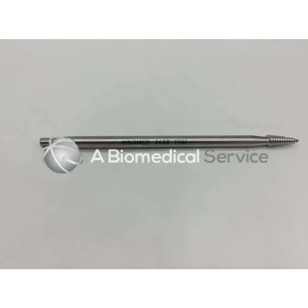 A sleek metallic innomed 3688 femoral head remover quick connect surgical screw with threaded tip and engraved markings