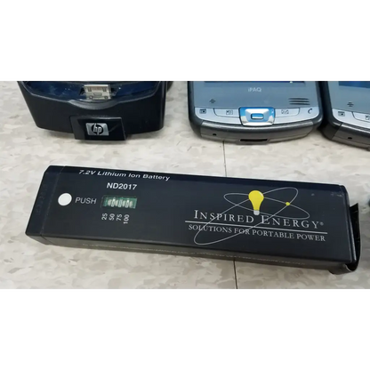 Black rectangular 7.2v lithium ion battery with inspired energy branding for innov-x systems a-4000 s alpha analyzer spectrometer kit