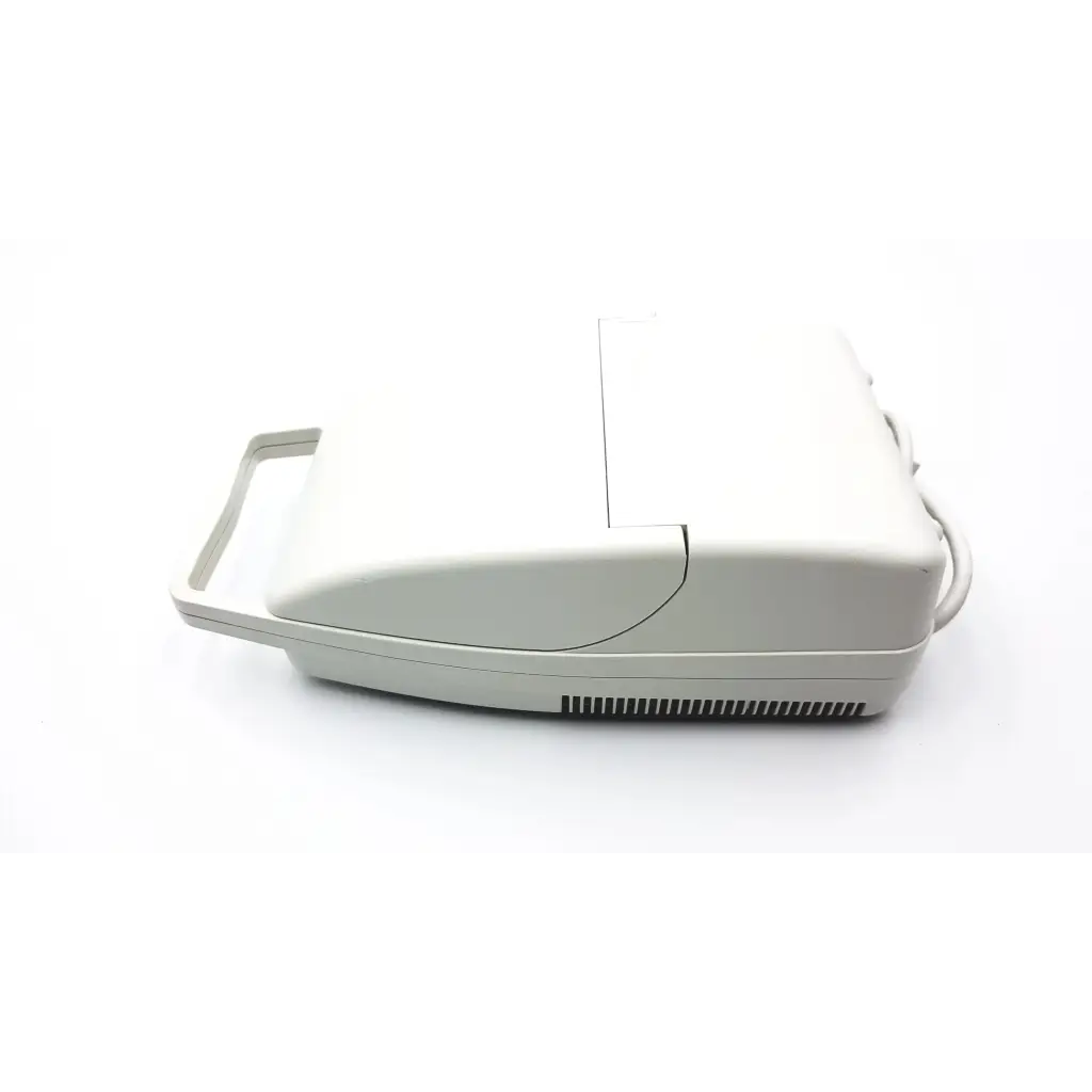 White plastic inspiration respironics 626 nebulizer with handle and ventilation grille back side view for medical use