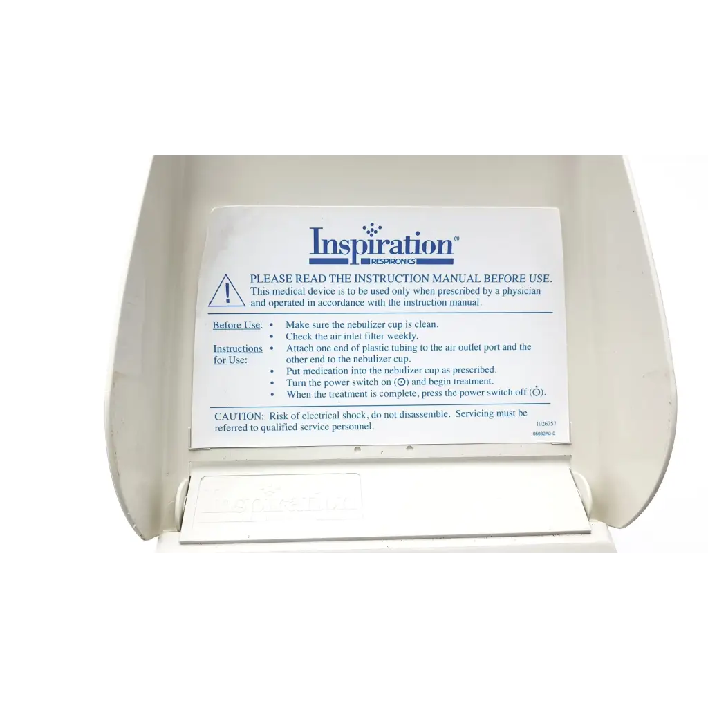 White plastic inspiration respironics 626 nebulizer with despronic instruction manual and nebulizer af5-5 2923sm label