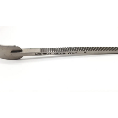Silver stainless steel harrington swivel retractor with textured ribbed handle and oval swivel retractor blade head