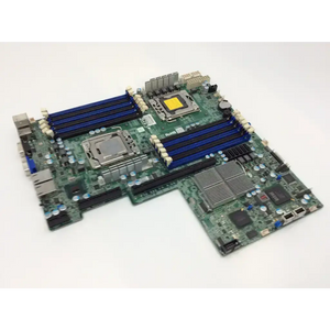 Green intel s2400ep motherboard with blue ddr3 sd ram slots and silver cpu sockets for ram 1u server use