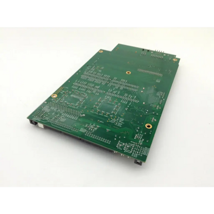 Green printed circuit board with gold-plated mounting holes and components for intermec pm4i thermal label printer main logic board