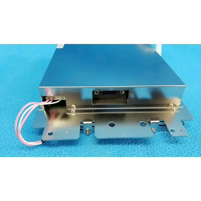 Silver metallic industrial power supply unit with wiring and brackets for internal lcd display screen monitor assembly