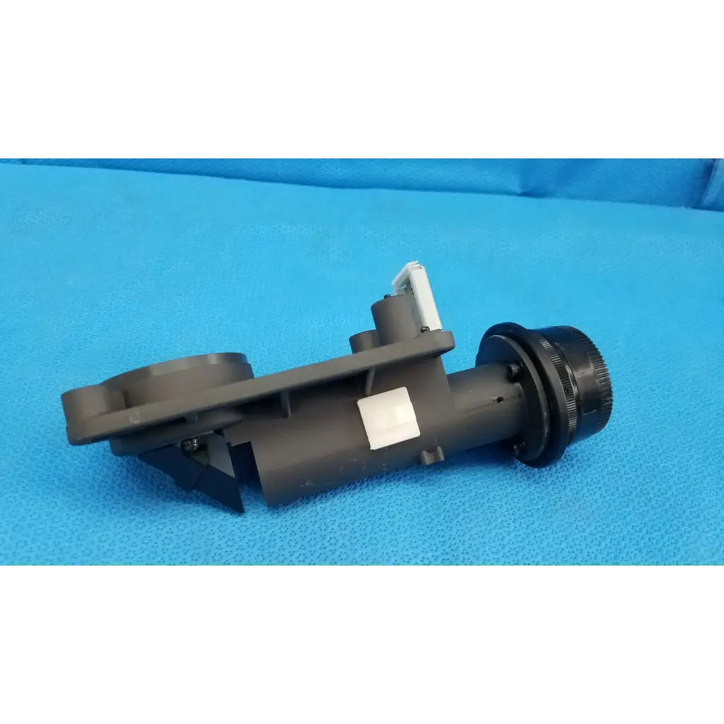 Black plastic internal main optical lens barrel with threaded end cap and mounting bracket for porro prism focus drive assembly