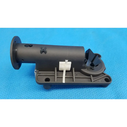 Black plastic focus drive block assembly with integrated mounting bracket for porro prism lens barrel in topcon fundus camera