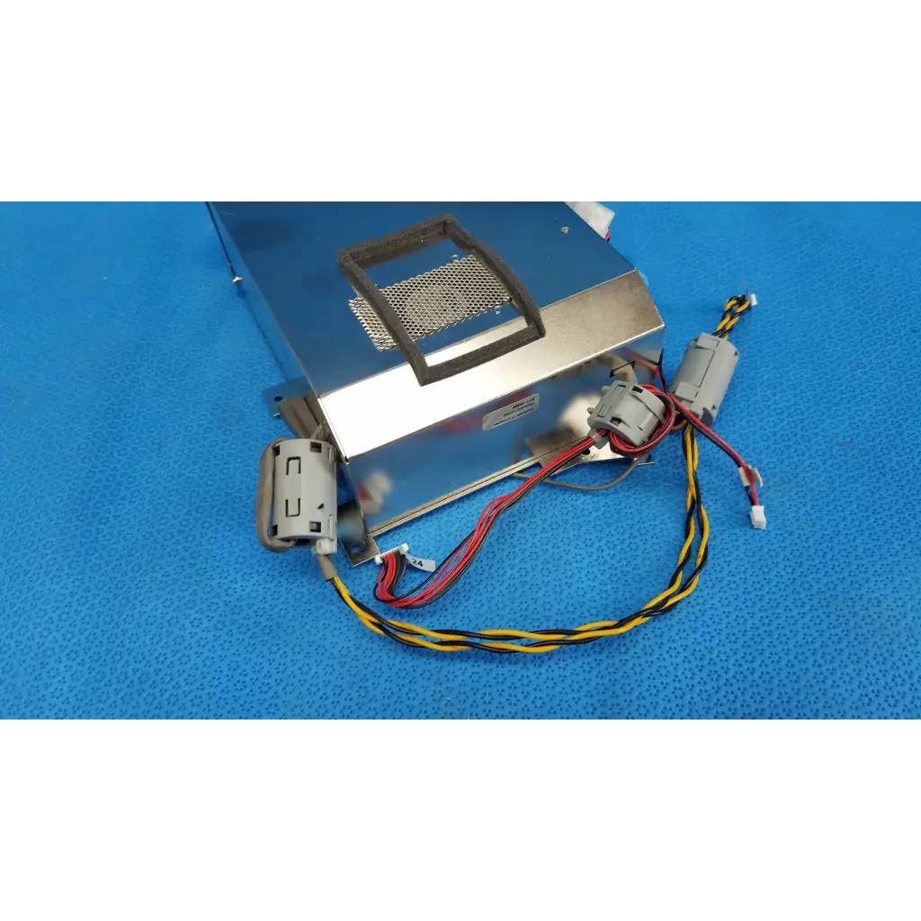 Silver metallic internal motherboard cpu core power supply unit with mesh vent and multi-colored wiring for topcon retina camera