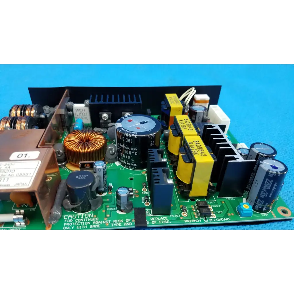 Green printed circuit board power supply board with capacitors inductors and heat sinks for topcon fundus camera