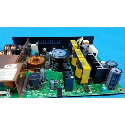 Green printed circuit board power supply board with capacitors inductors and heat sinks for topcon fundus camera