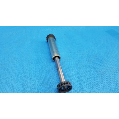 Silver metallic core piston cylinder shock absorber with black rubber end caps and threaded rod for optical core focus