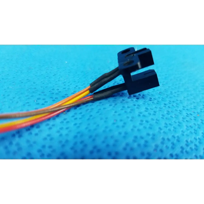 Black plastic dual connector with color-coded wires for internal optical slot photo interrupter sensor cable assembly