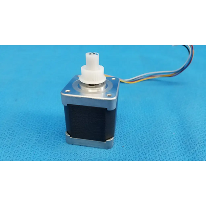 Silver and black stepper motor with white plastic gear and multi-colored wiring for topcon trc-nw8 fundus camera use