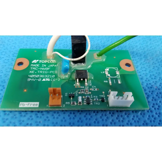 Green topcon trc-nwbf xenon flash trigger pcb board with printed labels and connectors for retinal camera use
