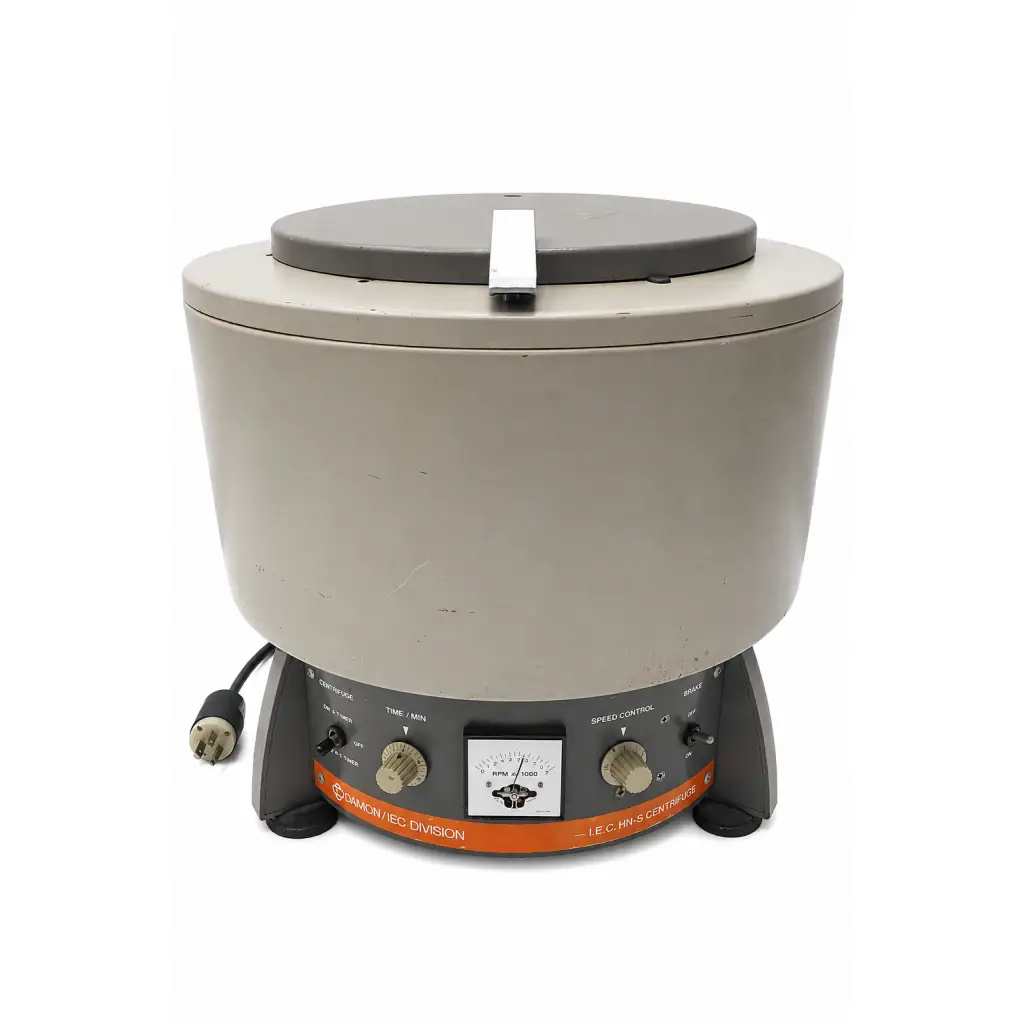 Gray laboratory centrifuge with black lid and orange control panel biomed certified by international equipment company